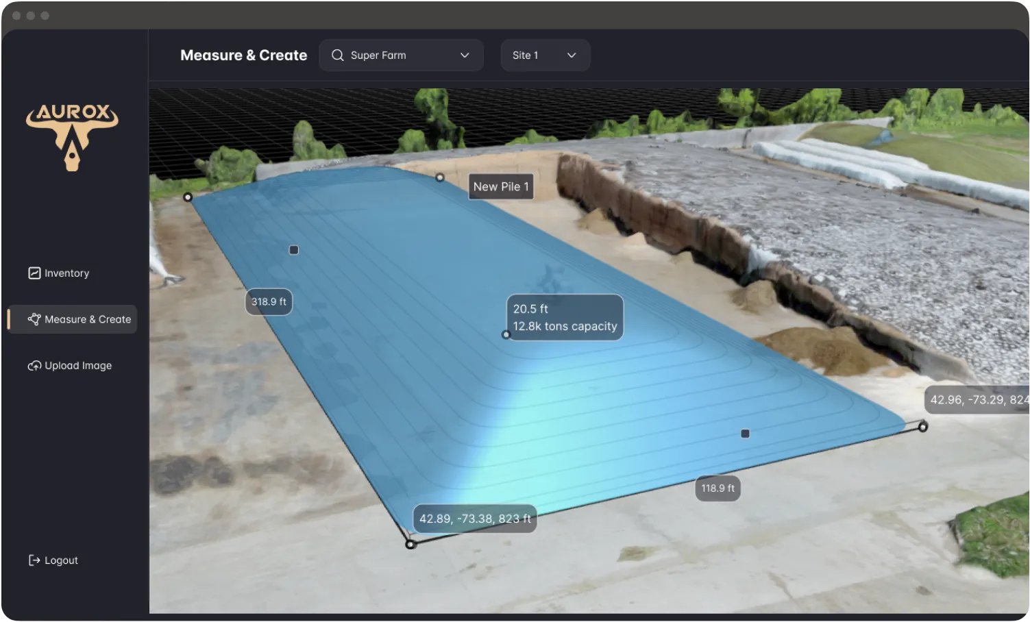 SilagePlan dashboard showing a 3D silage pile model